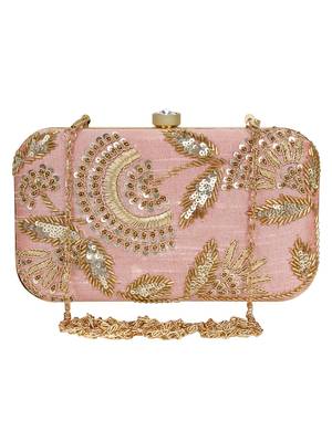 Anekaant Adorn Embellished Faux Silk Clutch Pastel Pink & Gold 1