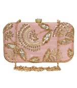 Anekaant Adorn Embellished Faux Silk Clutch Pastel Pink & Gold