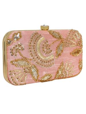 Anekaant Adorn Embellished Faux Silk Clutch Pastel Pink & Gold 2
