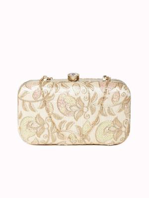 Anekaant Tulle Sequines Embroidered Faux Silk Clutch Natural & Gold 1