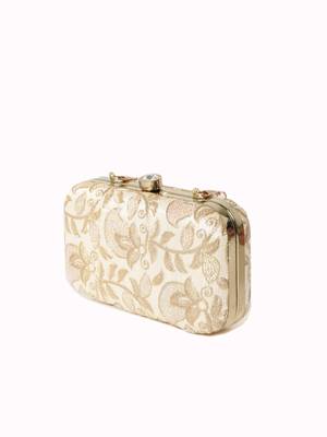 Anekaant Tulle Sequines Embroidered Faux Silk Clutch Natural & Gold 2
