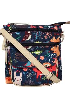 Modish Digital Printed Canvas & PU Sling Bag Navy & Multi