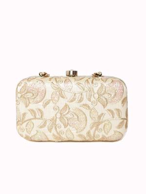 Anekaant Tulle Sequines Embroidered Faux Silk Clutch Natural & Gold 3
