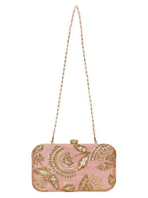 Anekaant Adorn Embellished Faux Silk Clutch Pastel Pink & Gold 4
