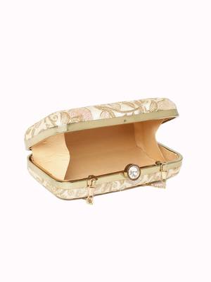 Anekaant Tulle Sequines Embroidered Faux Silk Clutch Natural & Gold 4