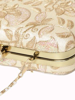 Anekaant Tulle Sequines Embroidered Faux Silk Clutch Natural & Gold 5