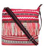 Anekaant Streak Jacquard & PU Sling Bag Pink & Multi