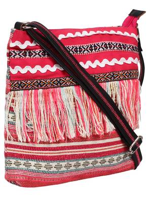 Anekaant Streak Jacquard & PU Sling Bag Pink & Multi 2