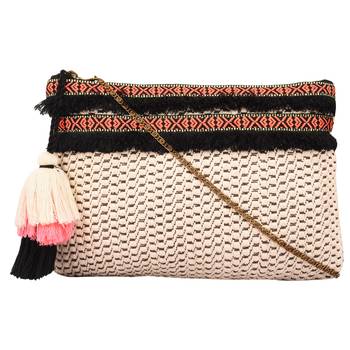 Anekaant Frill Beige Jacquard Tassel Sling Bag 1