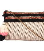 Anekaant Frill Beige Jacquard Tassel Sling Bag