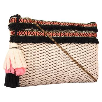 Anekaant Frill Beige Jacquard Tassel Sling Bag 2