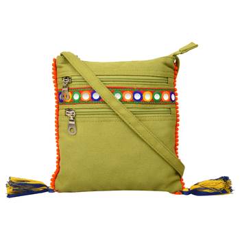 Frill Green Canvas Tassel Sling Bag 1