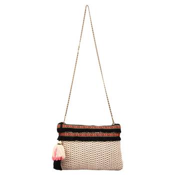 Anekaant Frill Beige Jacquard Tassel Sling Bag 4