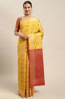Mustard Woven Banarasi Silk Saree With Blouse