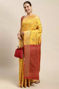 Mustard Woven Banarasi silk blend Saree With Blouse