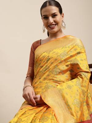 Mustard Woven Banarasi silk blend Saree With Blouse 4