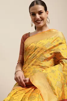 Mustard Woven Banarasi silk blend Saree With Blouse