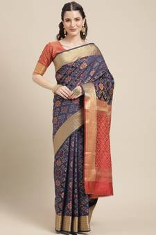 Navy Blue Woven Banarasi Silk Saree With Blouse