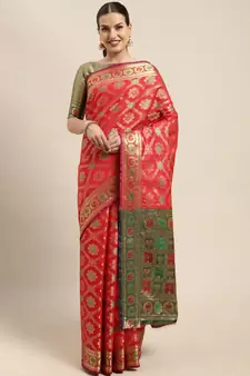 Red Woven Banarasi Silk Saree With Blouse