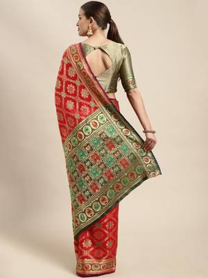 Red Woven Banarasi silk blend Saree With Blouse 2