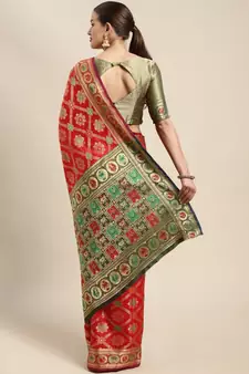 Red Woven Banarasi Silk Saree With Blouse