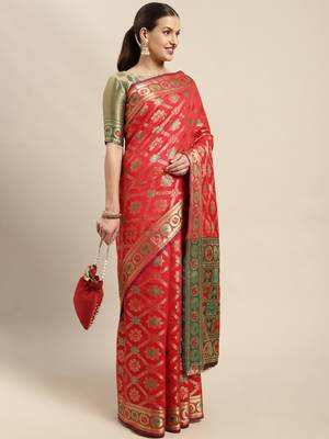 Red Woven Banarasi silk blend Saree With Blouse 3