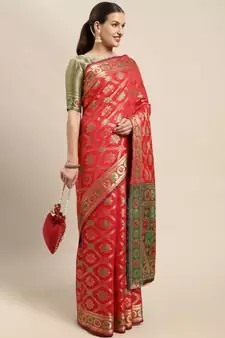 Red Woven Banarasi Silk Saree With Blouse
