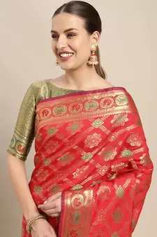 Red Woven Banarasi Silk Saree With Blouse