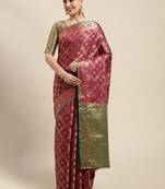 Wine Woven Banarasi silk blend Saree With Blouse