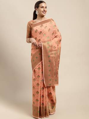 Dark Peach Woven Linen Saree With Blouse 1
