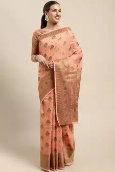 Dark Peach Woven Linen Saree With Blouse