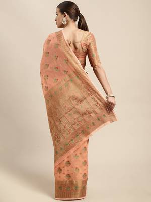 Dark Peach Woven Linen Saree With Blouse 2