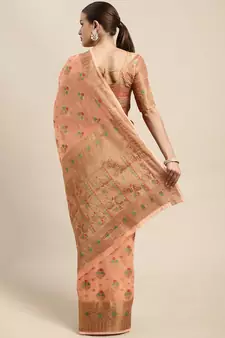 Dark Peach Woven Linen Saree With Blouse