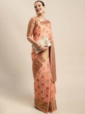 Dark Peach Woven Linen Saree With Blouse 3