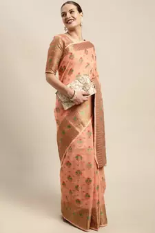 Dark Peach Woven Linen Saree With Blouse