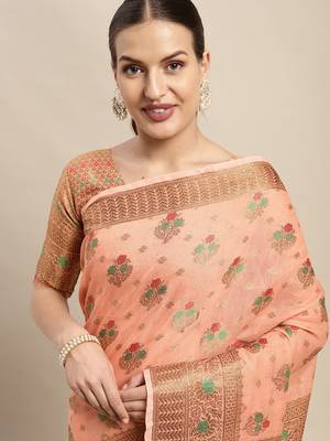 Dark Peach Woven Linen Saree With Blouse 4