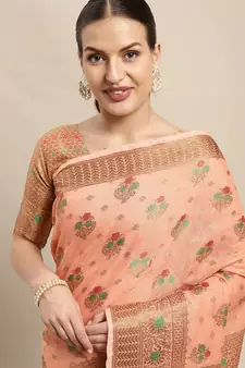 Dark Peach Woven Linen Saree With Blouse