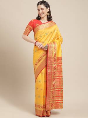Mustard woven banarasi silk saree with blouse 1