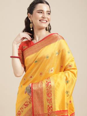 Mustard woven banarasi silk saree with blouse 4