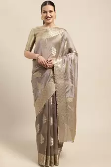 Grey Woven Organza Saree With Blouse