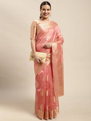 Pink Woven Organza Saree With Blouse 1