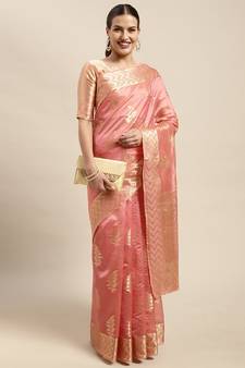 Pink Woven Organza Saree With Blouse
