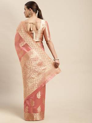 Pink Woven Organza Saree With Blouse 2