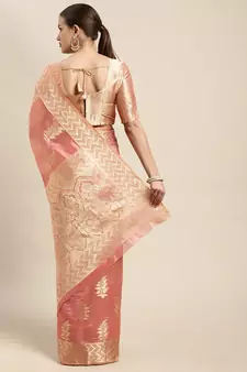 Pink Woven Organza Saree With Blouse