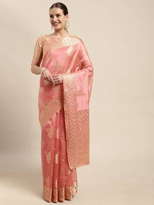 Pink Woven Organza Saree With Blouse 3