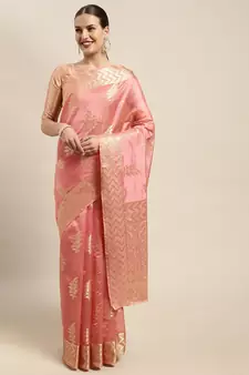 Pink Woven Organza Saree With Blouse