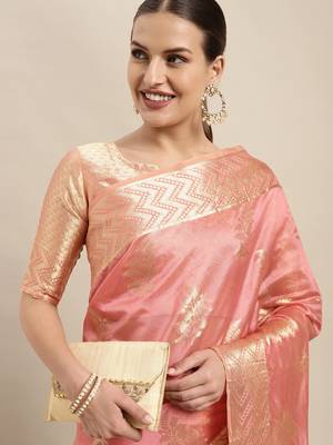 Pink Woven Organza Saree With Blouse 4