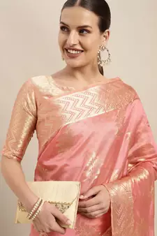Pink Woven Organza Saree With Blouse
