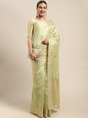 Light green woven organza saree with blouse 3