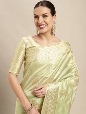Light green woven organza saree with blouse 4